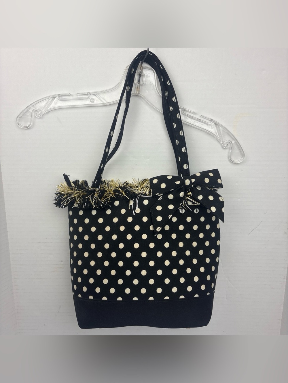 Polka Dot Fringe Shoulder Bag Purse Tote Bow Black White Gold Silver Two Handles